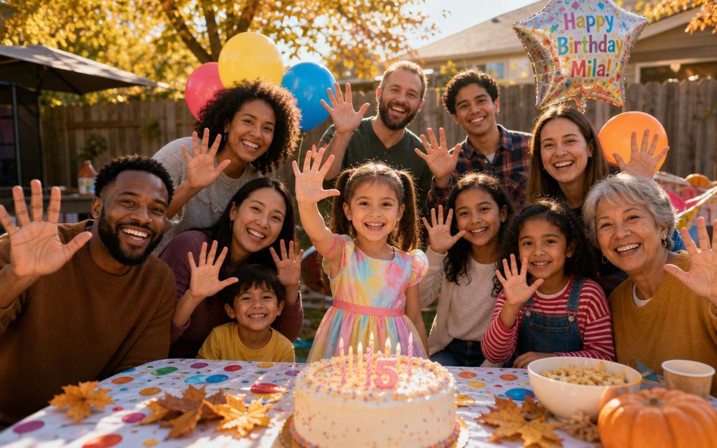 Backyard birthday party in Ohio with a child and family members raising hand turkeys, balloons and cake visible