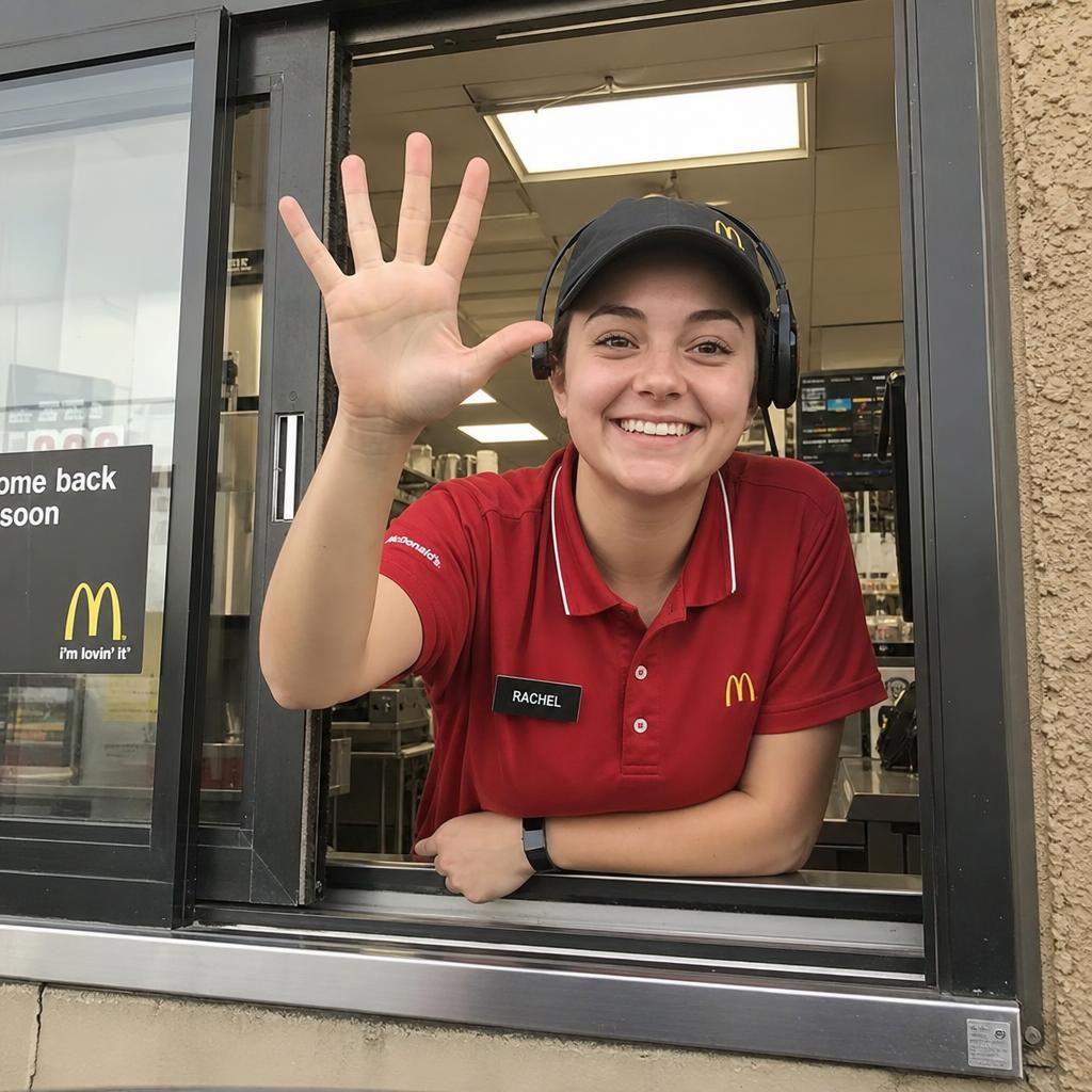 Fast food worker doing a hand turkey through drive-thru window