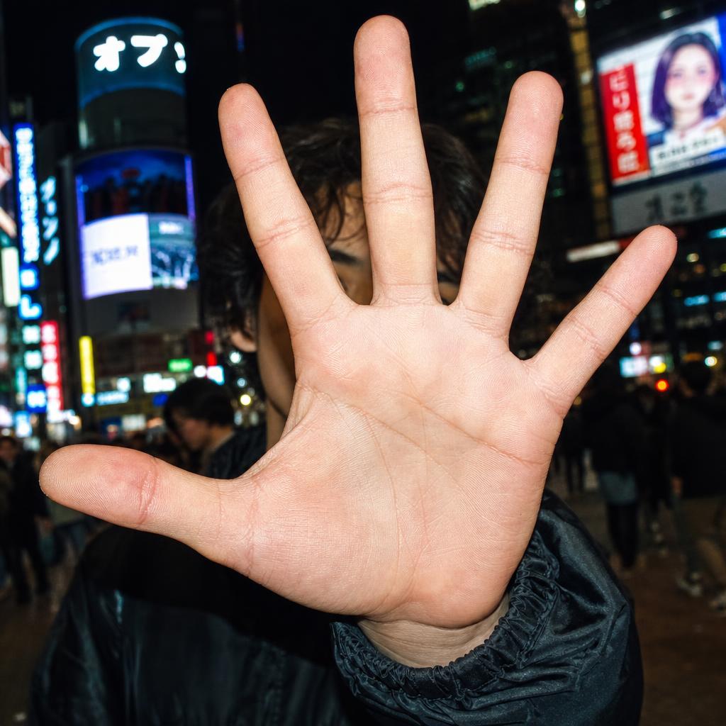 Young person in Tokyo at night throwing a hand turkey